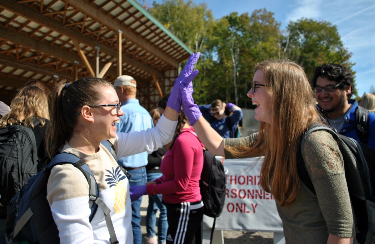 Abby and Hannah purple glove high five